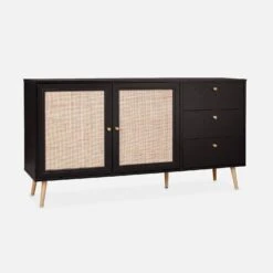 Buffet Scandinave Effet Bois Et Cannage 2 Portes 150 Cm Couleur : Noir -Sweeek IBOSIDEBOAXLBK 01