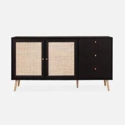 Buffet Scandinave Effet Bois Et Cannage 2 Portes 150 Cm Couleur : Noir -Sweeek IBOSIDEBOAXLBK 02