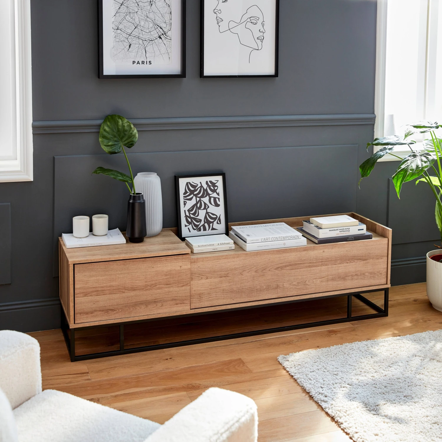 Meuble TV Métal Et Effet Bois 2 Espaces De Rangement 160 Cm 4 Meuble TV Métal Et Effet Bois 2 Espaces De Rangement 160 Cm – Image 2