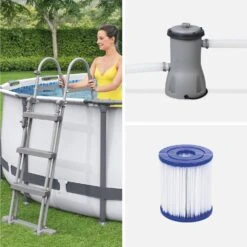 Piscine Hors Sol Tubulaire Ronde Avec Bâche, échelle, Pompe Et Filtre ∅4,3m -Sweeek SPBW430FPGY 04
