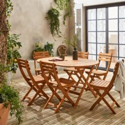 Table De Jardin Pliable Bois Ovale, 6 Chaises