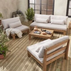 Salon De Jardin Bois Premium 5 Places Couleur : Bois / Beige