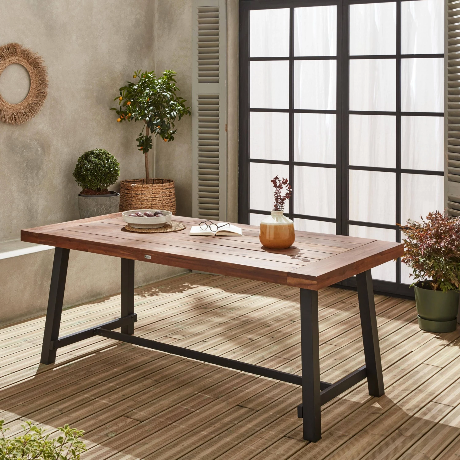 Table Intérieur / Extérieur Bois Et Métal, 190cm, 6-8 Places Couleur : Bois Foncé 4 Table Intérieur / Extérieur Bois Et Métal, 190cm, 6-8 Places Couleur : Bois Foncé – Image 2