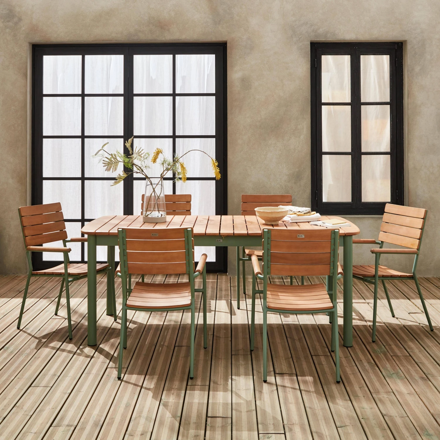 Table De Jardin Bois Et Aluminium 190cm, 6 Chaises Empilables 4 Table De Jardin Bois Et Aluminium 190cm, 6 Chaises Empilables – Image 2