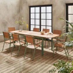 Table De Jardin Extensible Bois Et Aluminium 190/253 Cm, 8 Chaises Empilables
