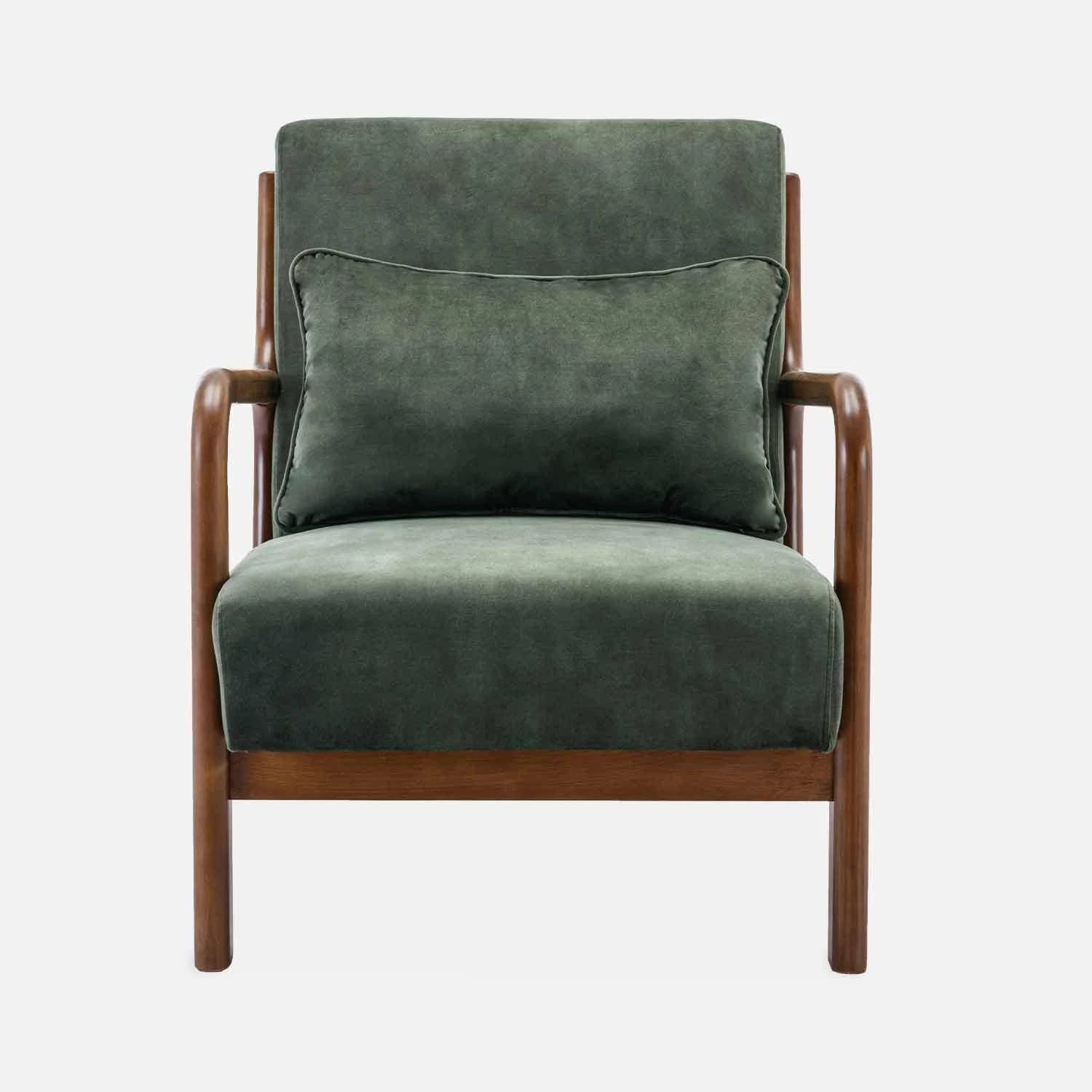 Fauteuil Scandinave Velours Et Bois D'hévéa Teinté Noyer Clair Couleur : Kaki 4 Fauteuil Scandinave Velours Et Bois D'hévéa Teinté Noyer Clair Couleur : Kaki – Image 2