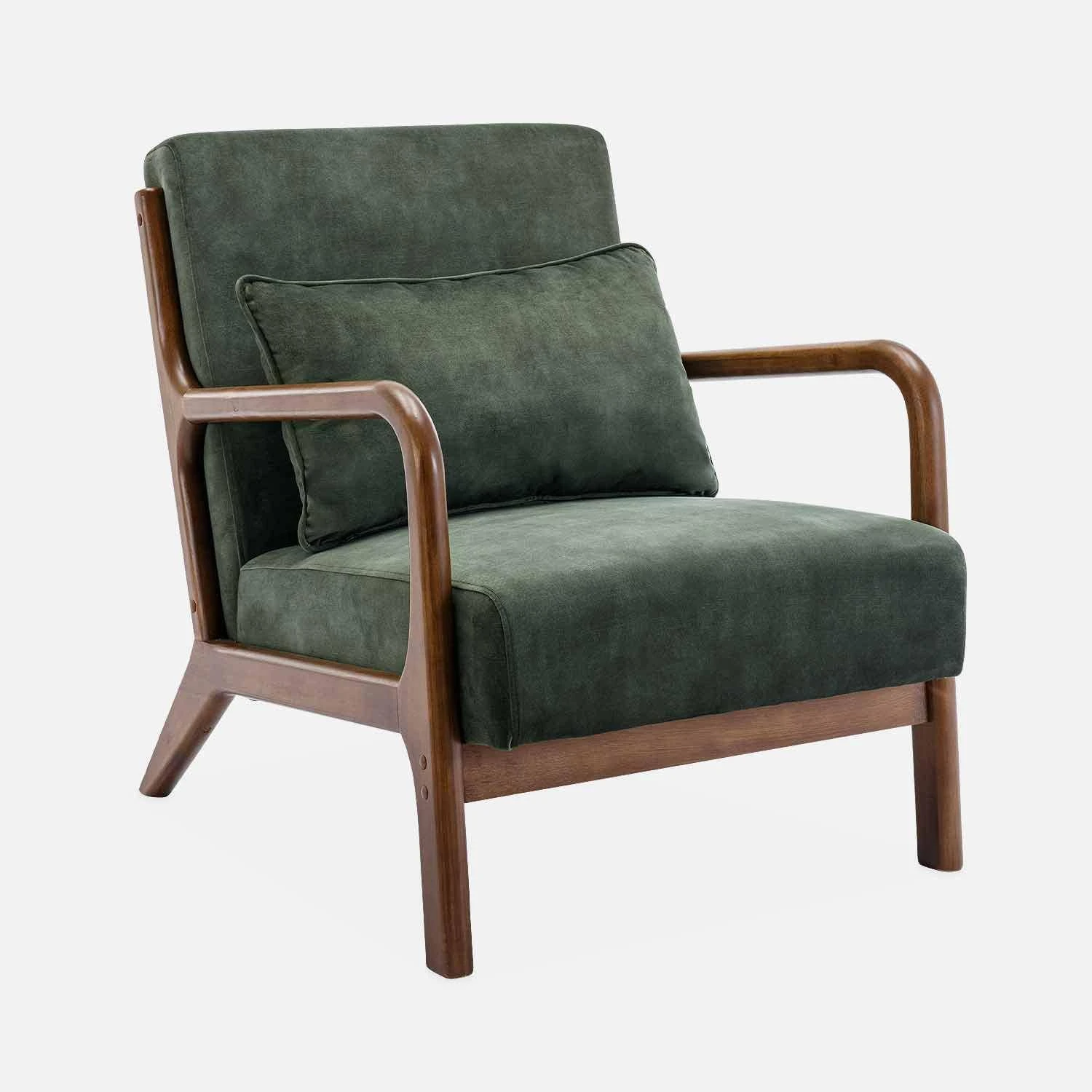 Fauteuil Scandinave Velours Et Bois D'hévéa Teinté Noyer Clair Couleur : Kaki 3 Fauteuil Scandinave Velours Et Bois D'hévéa Teinté Noyer Clair Couleur : Kaki