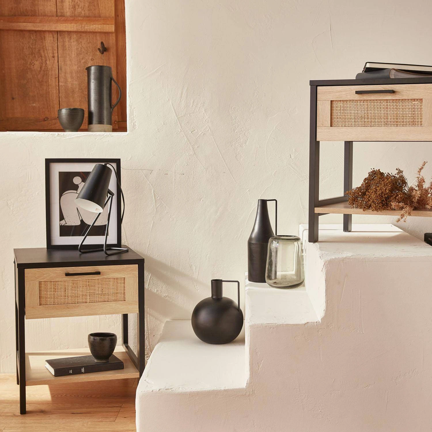 Table De Chevet Scandinave Effet Bois Et Cannage (lot De 2) 3 Table De Chevet Scandinave Effet Bois Et Cannage (lot De 2)