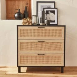 Commode Scandinave Bois Et Cannage 3 Tiroirs