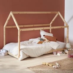 Lit Cabane Enfant 90 X 190 Cm En Pin Naturel, Sommier Inclus Couleur : Naturel