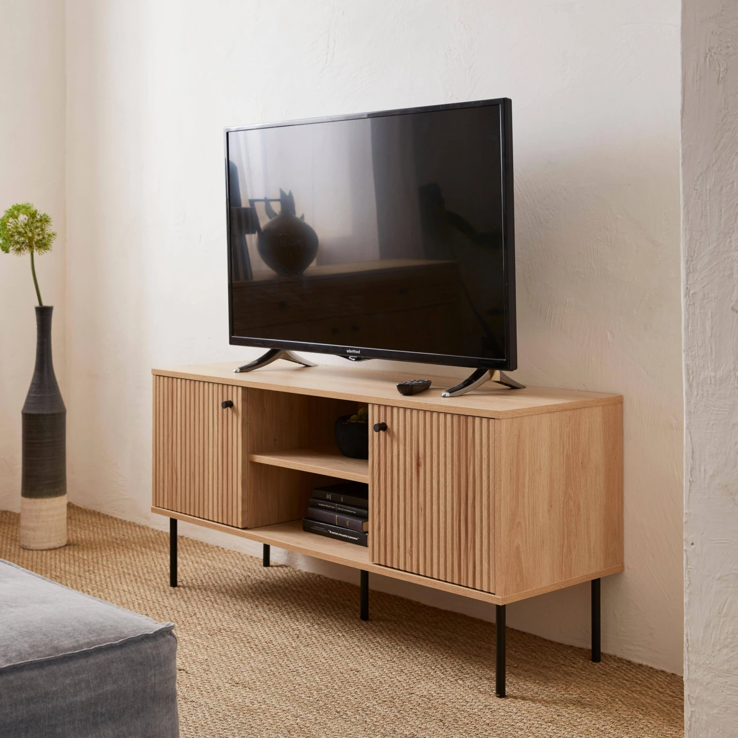 Meuble TV Décor Bois Rainuré 120 Cm 3 Meuble TV Décor Bois Rainuré 120 Cm