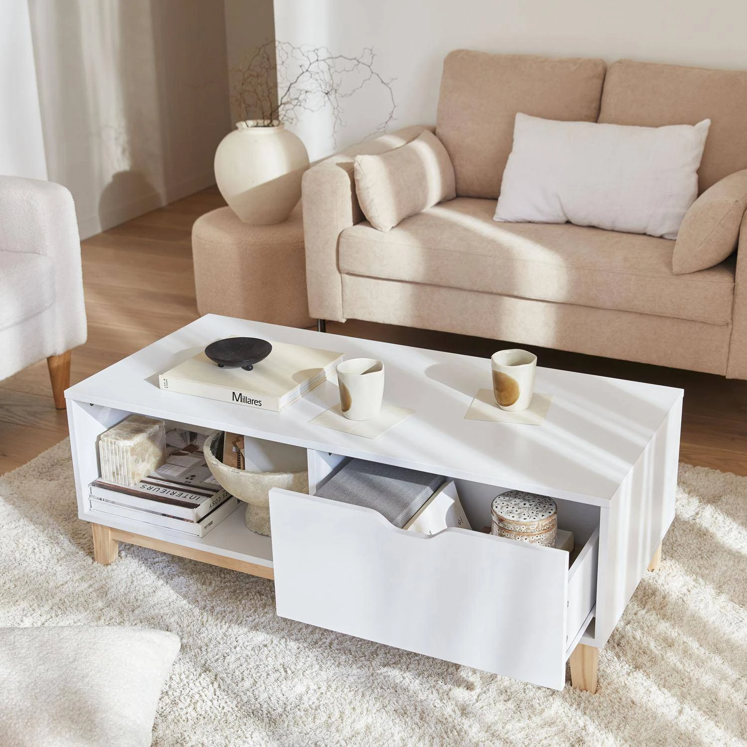 Table Basse Effet Bois Pieds Bois 1 Tiroir 4 Table Basse Effet Bois Pieds Bois 1 Tiroir – Image 2