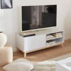 Meuble TV Effet Bois Pieds Bois 1 Tiroir 120 Cm