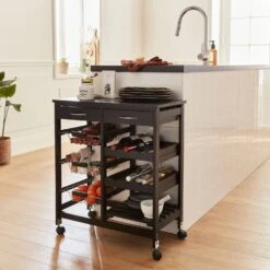 Desserte Cuisine Effet Bois à Roulettes 65 X 35 Cm Couleur : Noir