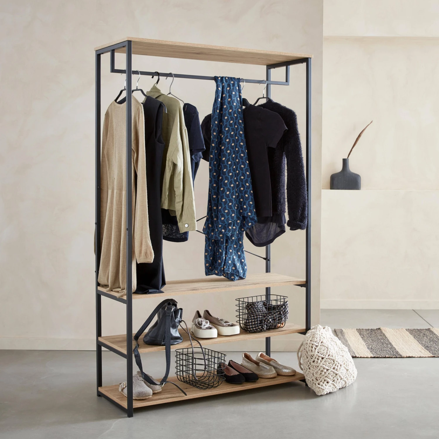 Meuble D'entrée Métal Et Décor Bois, 3 Niveaux, Barre De Penderie 4 Meuble D'entrée Métal Et Décor Bois, 3 Niveaux, Barre De Penderie – Image 2