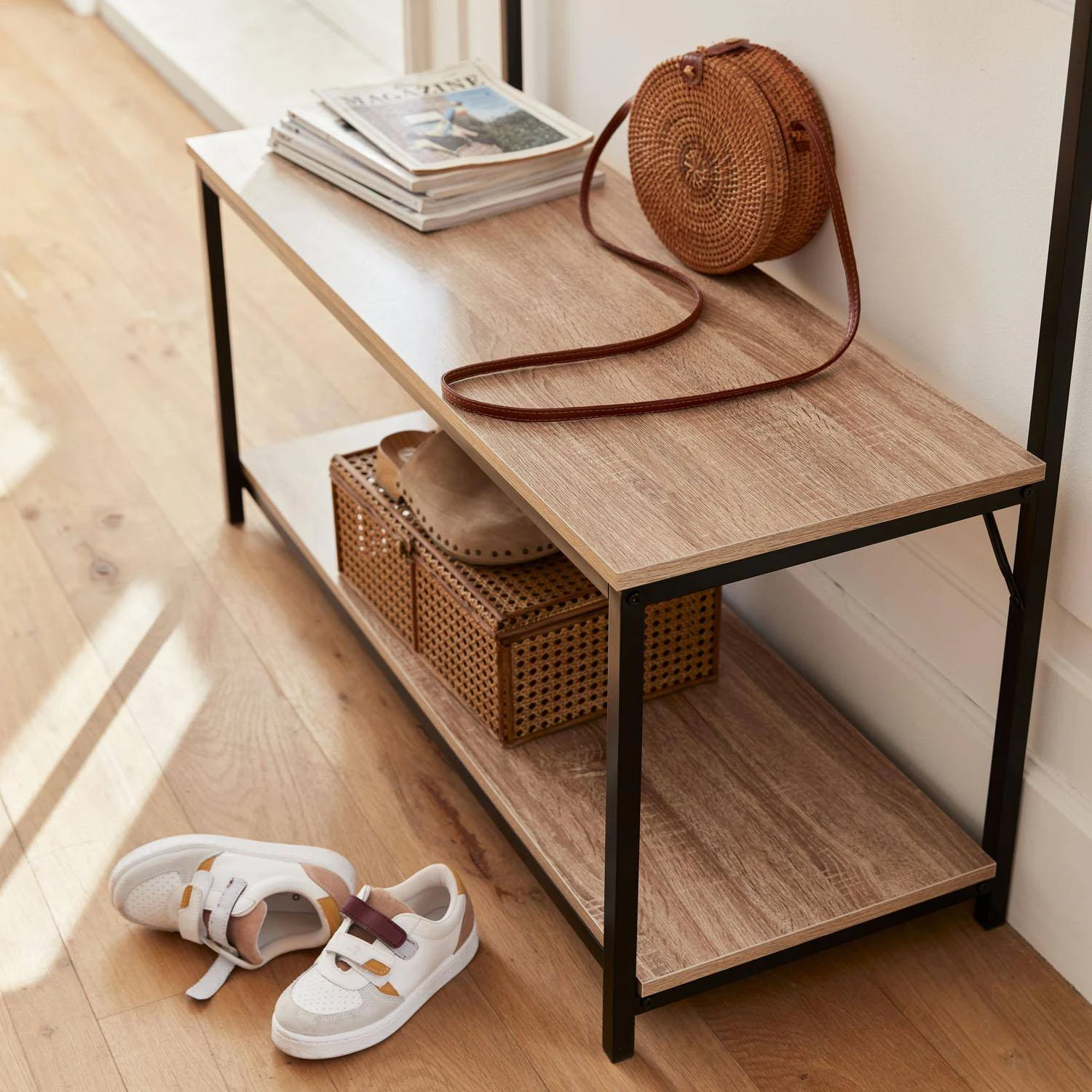 Meuble D'entrée Métal Et Effet Bois 2 Niveaux Et 7 Crochets 5 Meuble D'entrée Métal Et Effet Bois 2 Niveaux Et 7 Crochets – Image 3