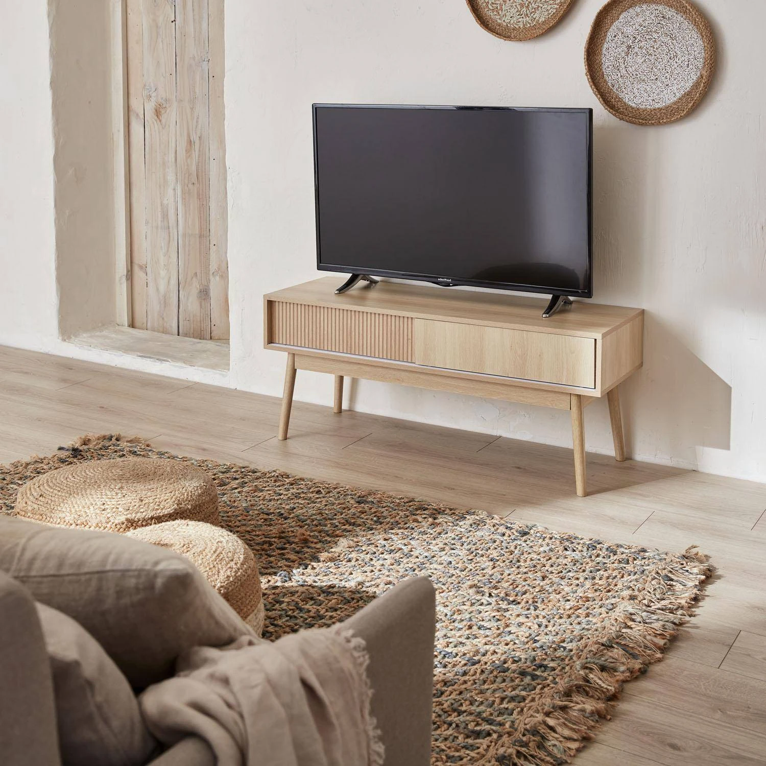 Meuble TV Scandinave Effet Bois 2 Portes 115 Cm Couleur : Bois 3 Meuble TV Scandinave Effet Bois 2 Portes 115 Cm Couleur : Bois