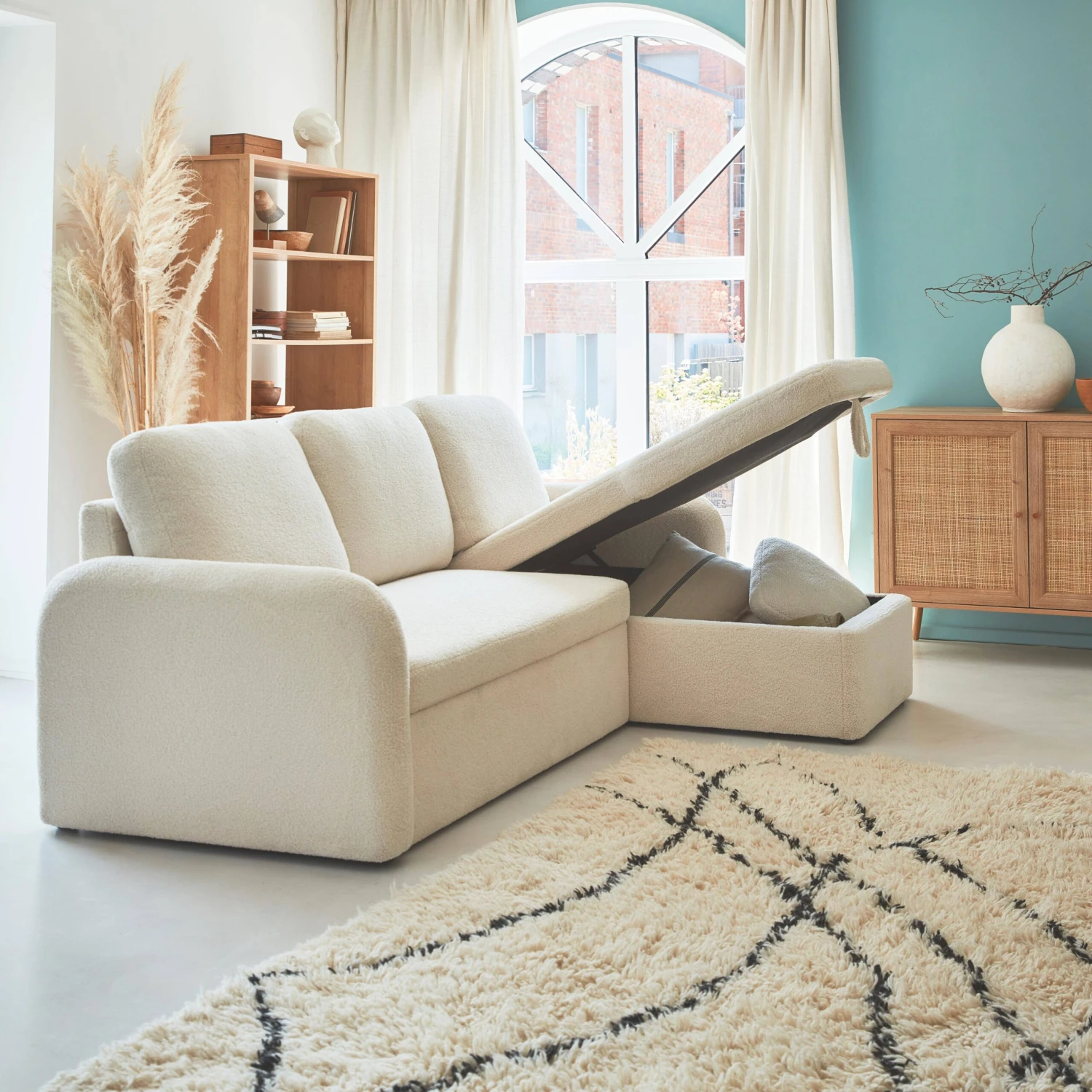 Canapé Convertible 3 Places Bouclettes Blanches, Lignes Arrondies 4 Canapé Convertible 3 Places Bouclettes Blanches, Lignes Arrondies – Image 2