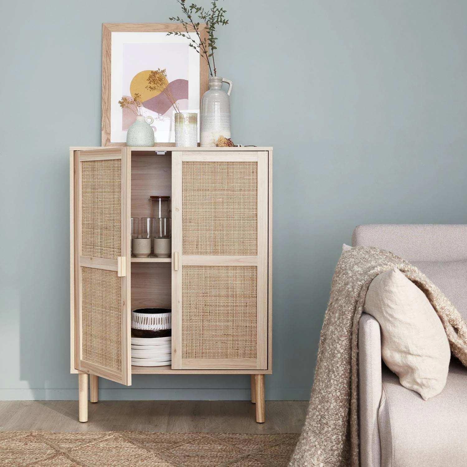 Buffet Cannage Et Effet Bois 2 Portes 80 Cm 4 Buffet Cannage Et Effet Bois 2 Portes 80 Cm – Image 2