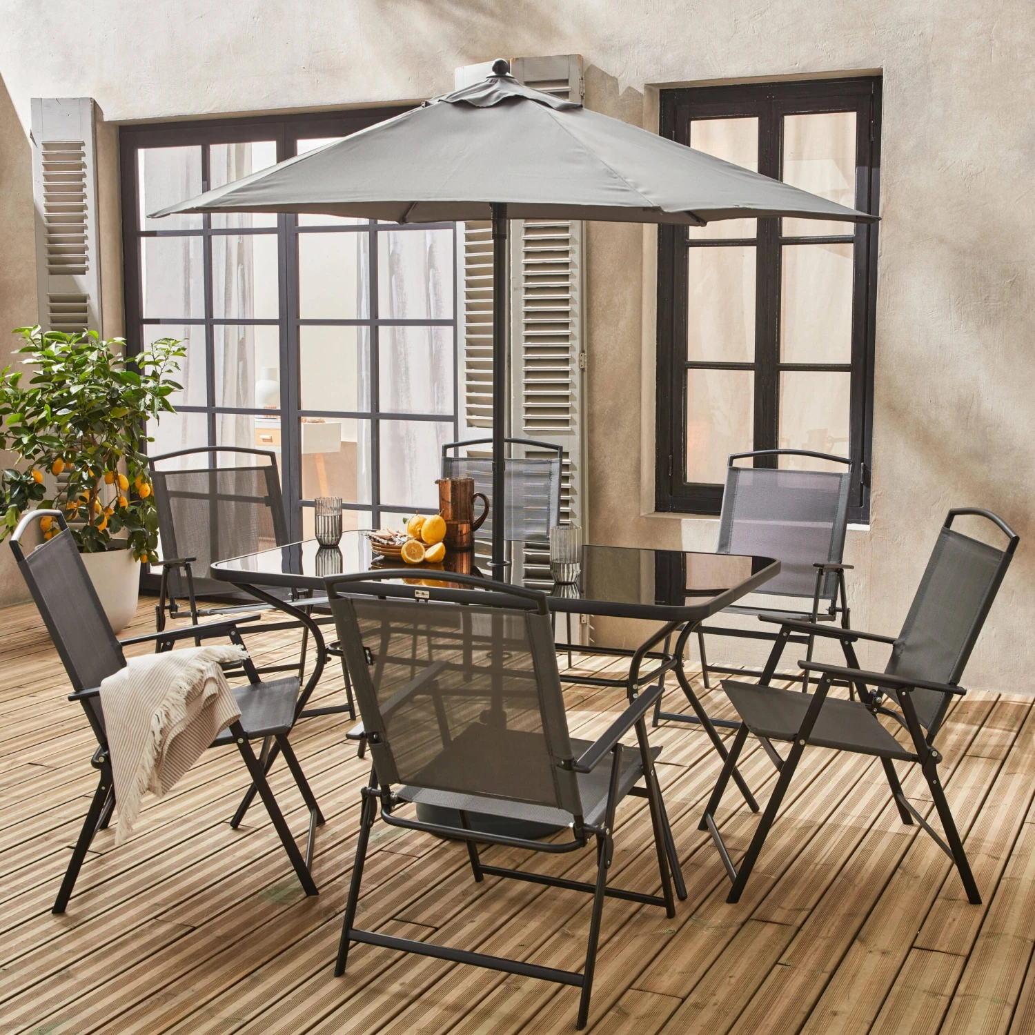 Table De Jardin Acier, 6 Fauteuils Et 1 Parasol 4 Table De Jardin Acier, 6 Fauteuils Et 1 Parasol – Image 2