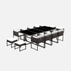 Table De Jardin Encastrable Résine Tressée 8 Chaises, 4 Poufs Couleur : Marron / Ecru